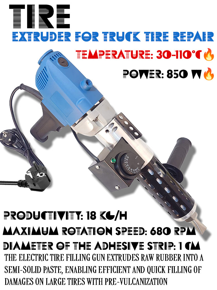 Truck Tire Repair Extruder – 850W Electric Rubber Filling Machine, Adjustable Temperature 30°C–110°C, 30 cm Heating Tube, 18 kg/h Output, 220V